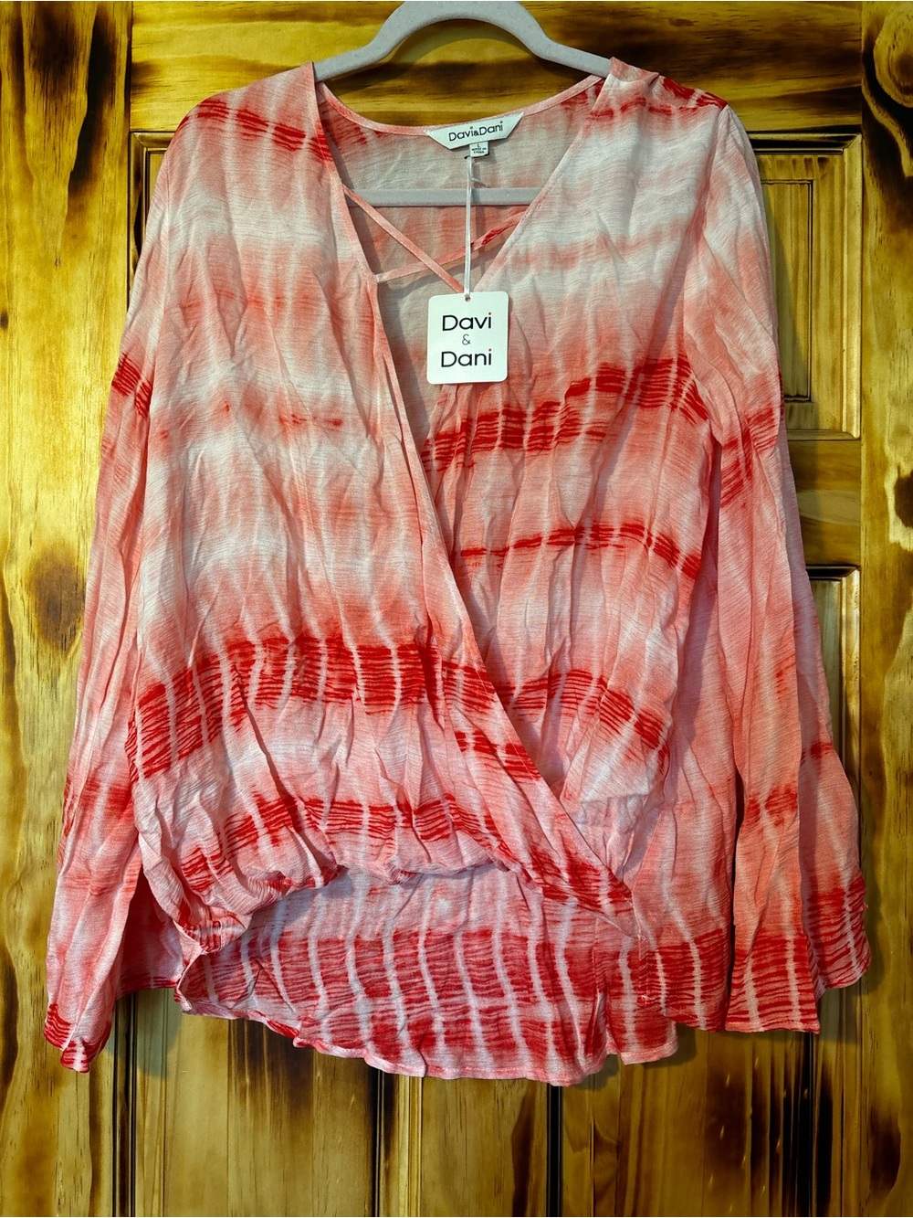 Davi & Dani Red Tie-Dye Wrap Blouse